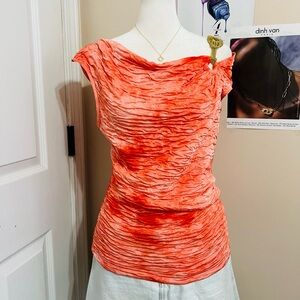 Coral Ruched Top with Gold Shoulder Detail